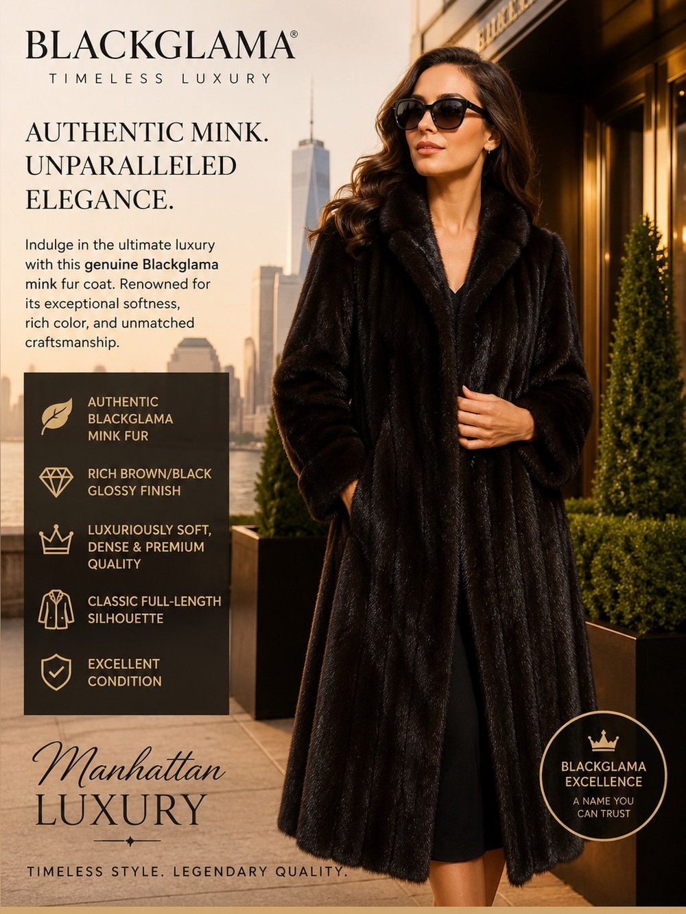 Blackglama Mink Fur Coat Brown Black Large Luxury Genuine Glossy  Fur Excellent